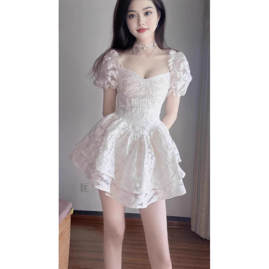 

Gentle Summer Jacquard Puff Sleeve Princess Dress Small