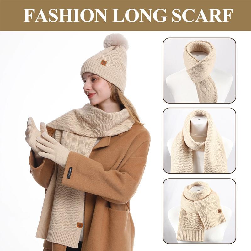 3pcs/set Hat Scarf For Women Gloves Set Outdoor Riding With Touch Screen Winter Pompom Hat Knit Beanie Fleece Lined