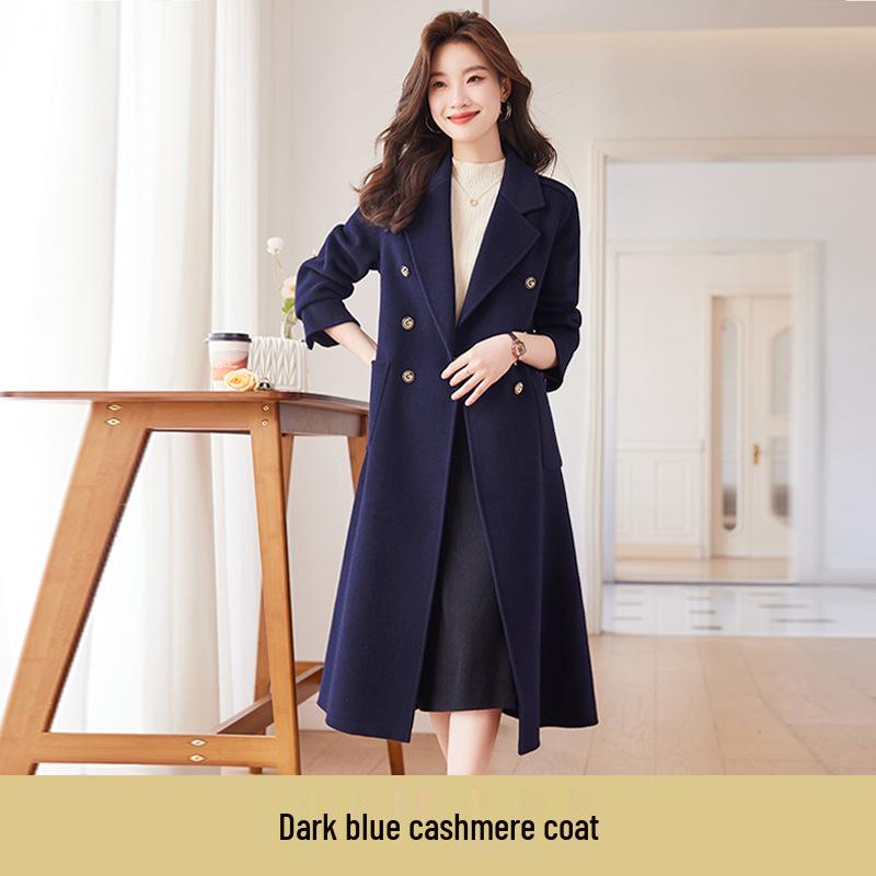 Women's Dark Blue Wool Trench Coat, Autumn/Winter 2025, Thickened Mid-Length, Elegant Design.