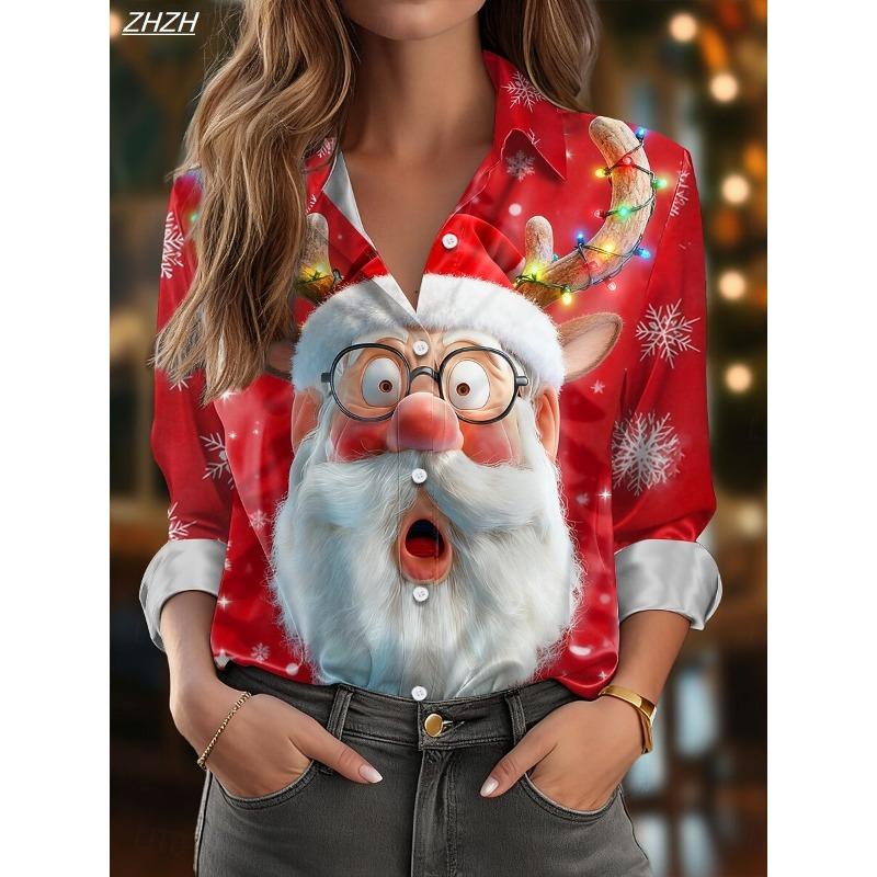 Women's Christmas Santa Blouse, Elegant Shirt Collar Design, Vintage Holiday Office Wear, Fall Winter Work Daily Fashion