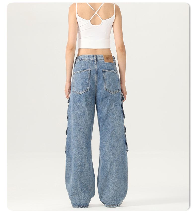 Menswear Unisex Retro Wide-Leg Multi-Pocket Denim Jeans
