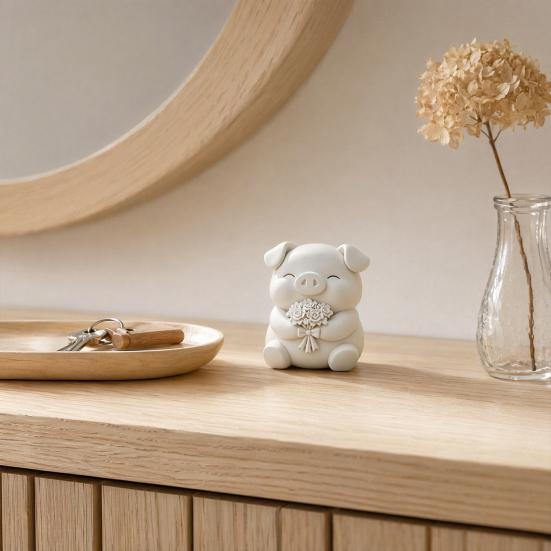 3D Printed Cute Pig Bouquet Figurine, Matte White Animal Sculpture, Smooth Decor Ornament with Rose & Bow, Stable Statue for Desktop Car Entrance