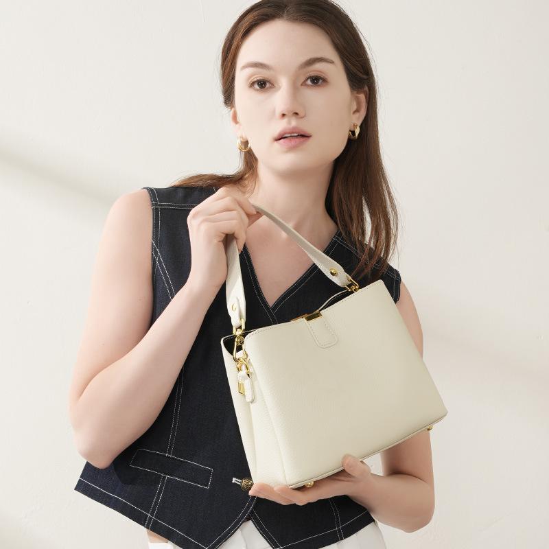 Top-grain Leather Bag, Large-capacity Bucket Bag, Simple and Versatile Leather Single-shoulder Crossbody Handbag