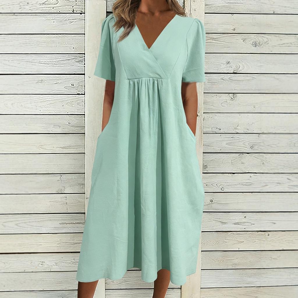 Women's Fashionable Loose-Fit V-Neck Short-Sleeve Casual Cotton-Linen Blend Dress