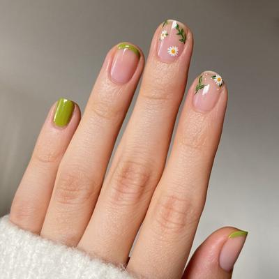 Green Fresh Daisies French Removable Nail Art Tablets 24 Pieces Press On Nails