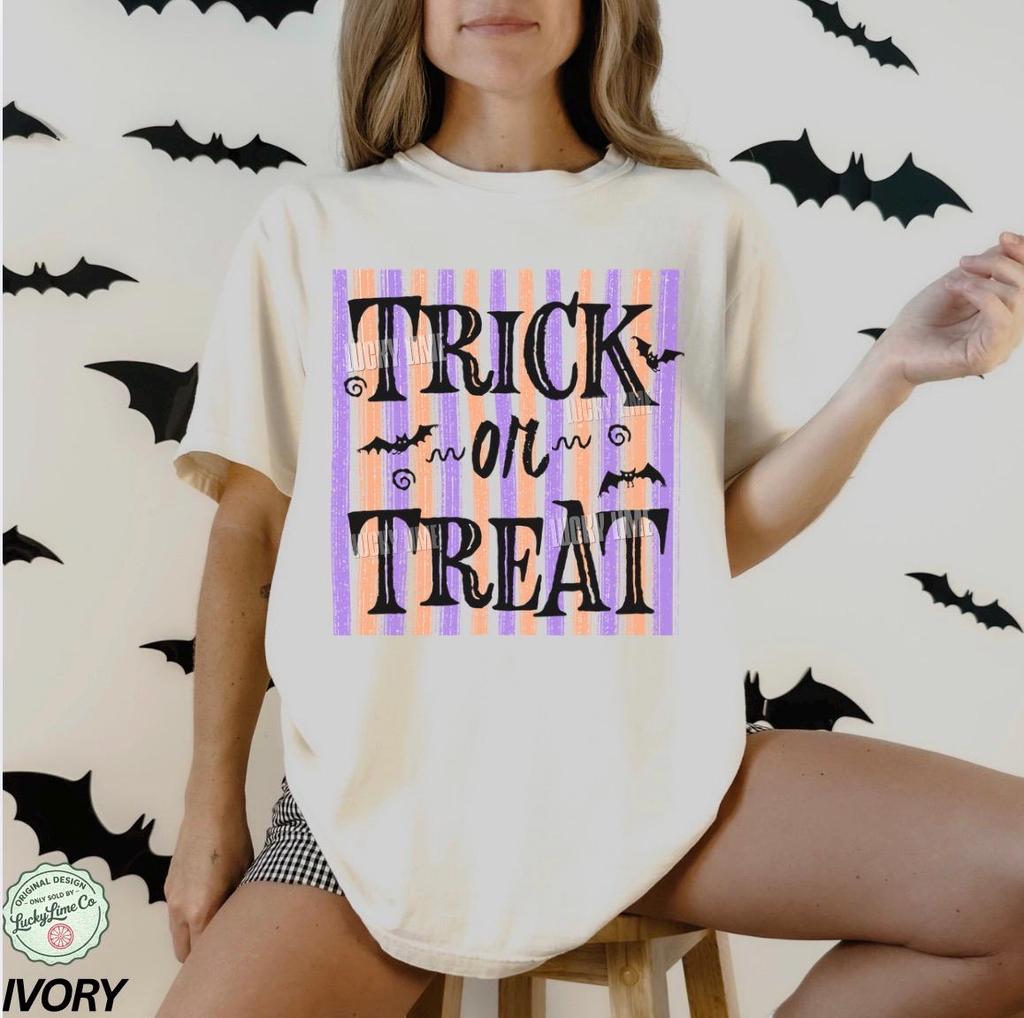 Trick or Treat Shirt, Retro Halloween Tshirt, Bat Shirt, Spooky Season Shirt, Striped Design Graphic Tee, Trendy Fall Shirts