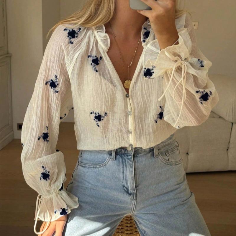 Women Embroidered Casual Elegant Ruffled Flared Loose Shirt