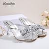 Luxury Gold Glitter Bowknot Decoration Slippers Women Mesh Strap Sandals Women 2026 Summer Sexy High Heels Party Dress Shoes