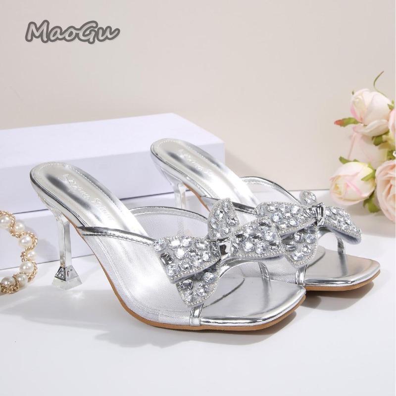 

Fashion Luxury Gold Glitter Bowknot Decoration Slippers Women Mesh Strap Sandals Women 2025 Summer Sexy High Heels Party Dress Shoes 36 срібний