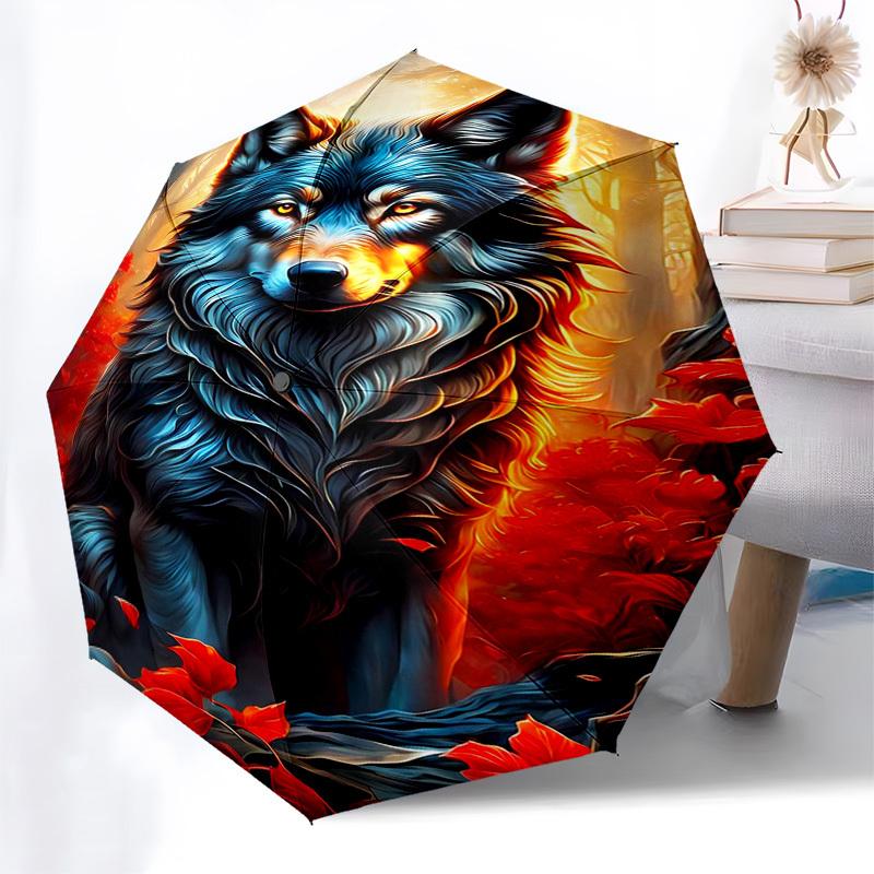 Wolf, Autumn Themed Automatic Opening and Closing Umbrella, Compact Travel Umbrella, Lightweight and Portable, Suitable for Beach Commuting