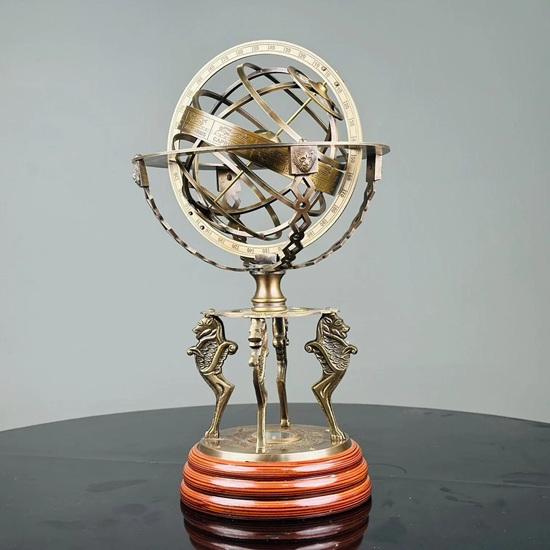 45.72 Cm Brass Armillary Sphere Globe Astrolabe Zodiac Engraved Wooden Base with Working Direction Compass Nautical Best Gift Decorative Item