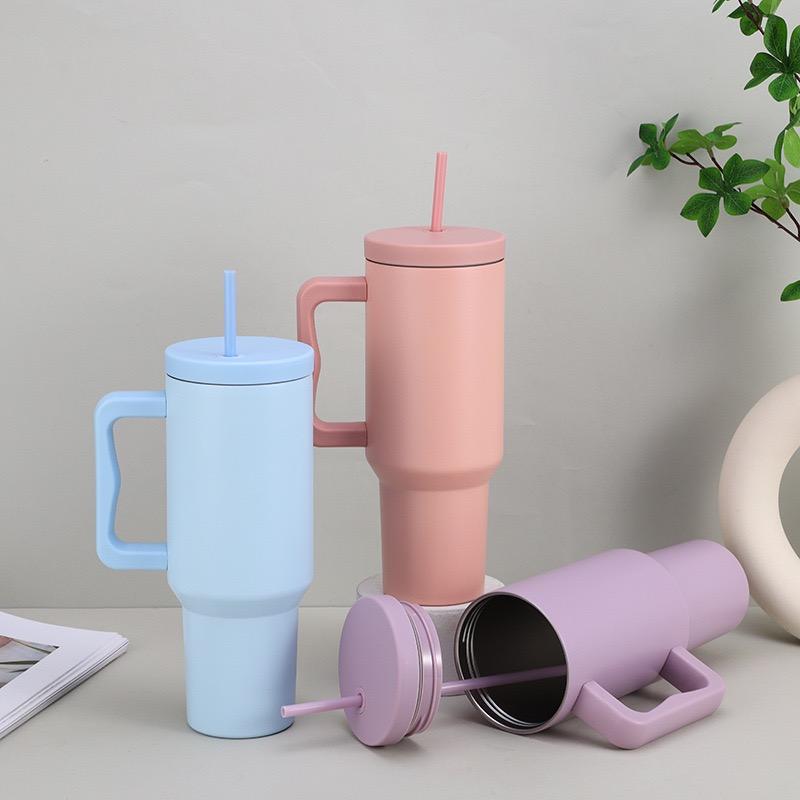 1Pc 1200ML 304Stainless Steel Print Cup with Straw Portable Car Cup Large Capacity Water Cup Car Water Bottle