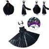 Faszinierendes Maleficent Zauberin Böse Königin Mädchen Kostüm für Halloween mit gehörntem Kopfschmuck