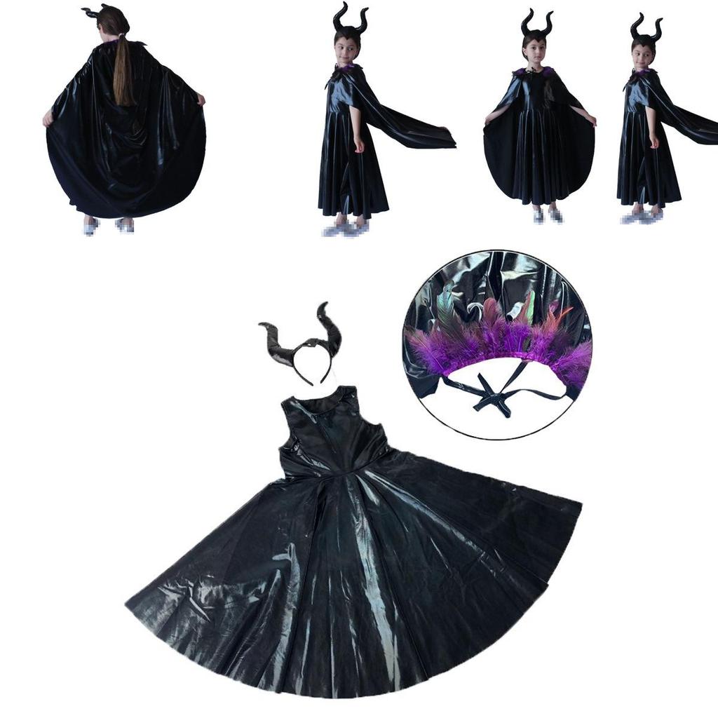 Faszinierendes Maleficent Zauberin Böse Königin Mädchen Kostüm für Halloween mit gehörntem Kopfschmuck