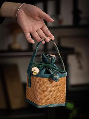 Rattan Pattern Small Bag Square Travel Outdoor Cover Bowl Portable Organizer Owner's Cup Teapot Bag Spliced Drawstring Pocket