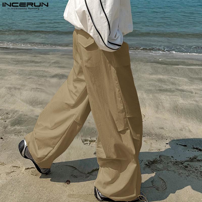 INCERUN Men Pants Casual Elastic Waist Long Ruffled Cargo Trousers