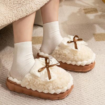 Baumwollpantoffeln für Damen im Winter zu Hause Mädchenhaftes Herz Schleife Spitze Warme Plüsch- und Wickelpantoffeln