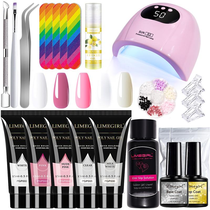 5 Color Gel Nail Polish Kit with Extender Gel, Cuticle Oil, LED Lamp, Cartoon Charms, Nail Tips, Tweezers Set