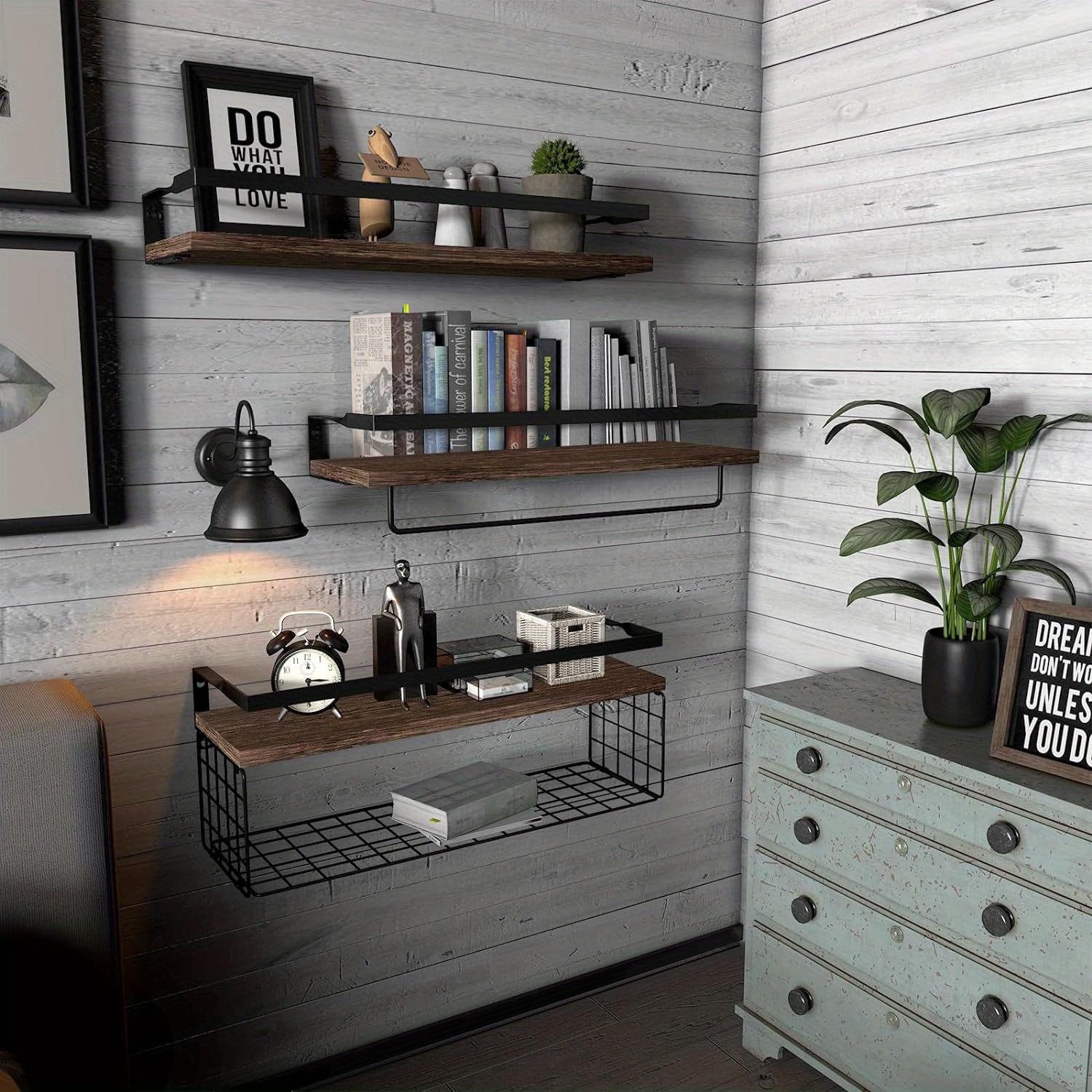 

Настенные плавающие полки для кухни и спальни с металлическим каркасом, деревянная стойка для ванной комнаты с корзиной для хранения, вешалка для полотенец