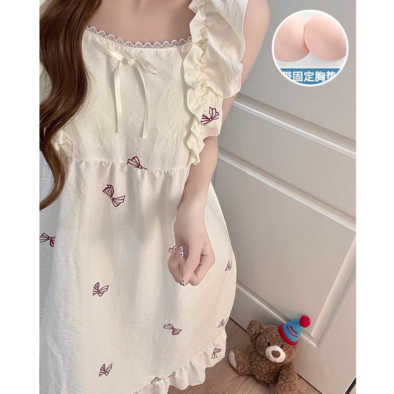 Baumwoll-Sommer-Kurzarm-Nachthemd-Pyjama für Damen mit Brustpolstern, niedlicher Cartoon, süß, kann draußen getragen werden, Loungewear-Rock für Damen