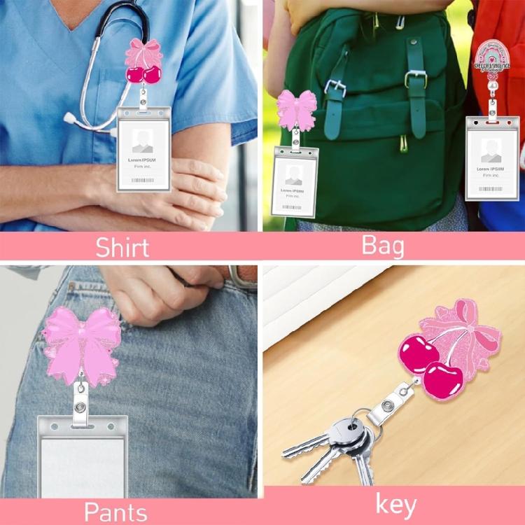 2 Pcs Acrylic Carabiner Holder Bows Badge Reels ID Badge Holder Retractable Keyring Name Card Holder for Office School