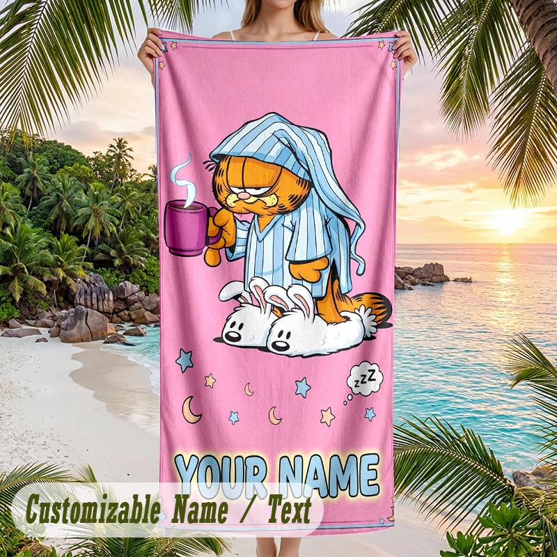 Garfield Beach Towel, Personalized Custom Text, Quick Dry Soft Large Towel For Swimming Pool Travel