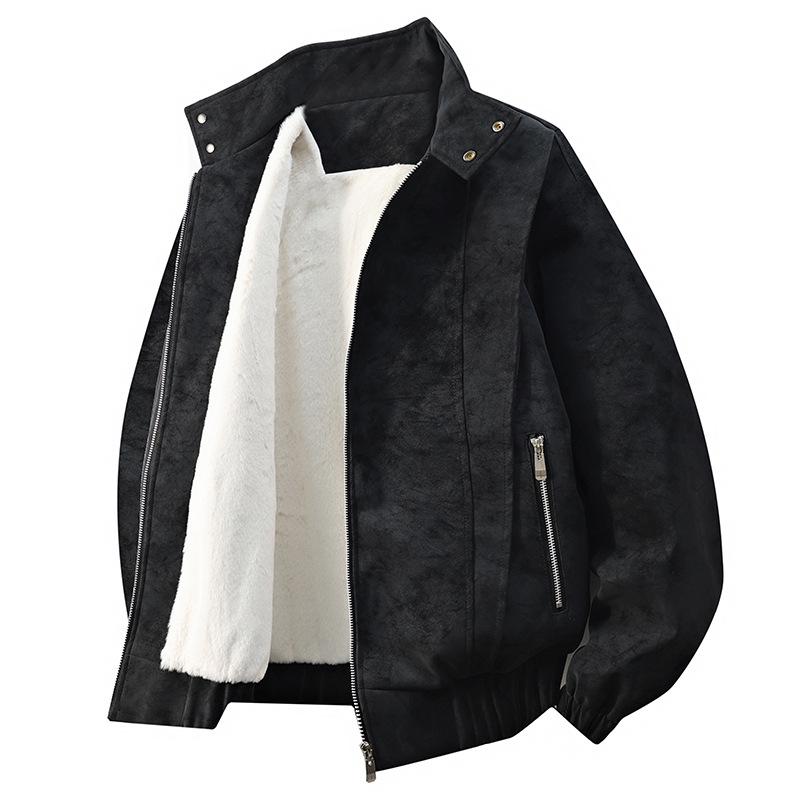 Men's Retro Stand Collar Velvet-Lined Leather Jacket - High-End Loose Fit for Autumn/Winter