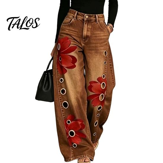 Women Wide Leg Pants High Waisted Jeans, Vintage Floral Print Faux Denim Casual with Pockets Trousers, Loose Fit & Metal Eyelets Street Style Clothing