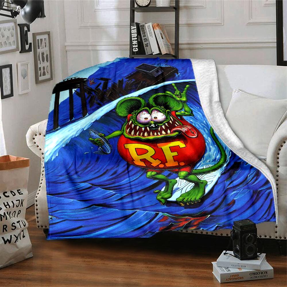 1Pc Rat Fink Wave Flannel Blanket, Soft And Comfortable, Casual Warm, Camping Travel, Christmas, Halloween Xmas Gift L1199