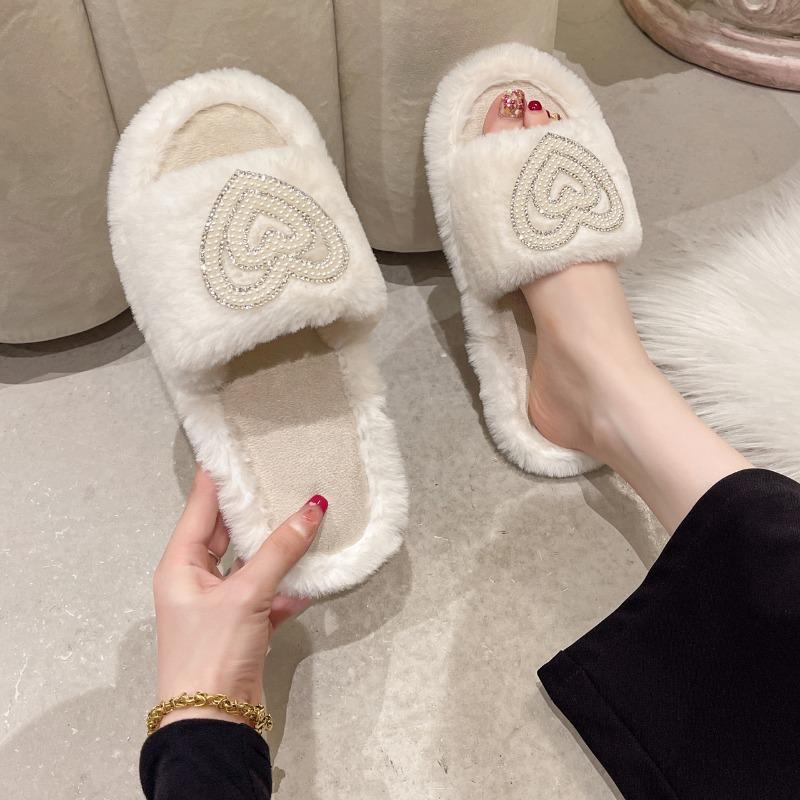 Fashion 2025 New Fashionable Hot Diamond Pearl Love Hair Cotton Slippers for Autumn and Winter Home Slipper Comfortable Cotton Slippers