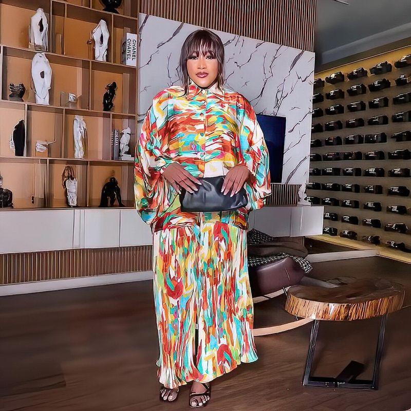 

Women Africa Plus size Print Bubble Long sleeve Shirts Trousers Casual Set Fat Can Wear Casual Suit 4 pieces One size