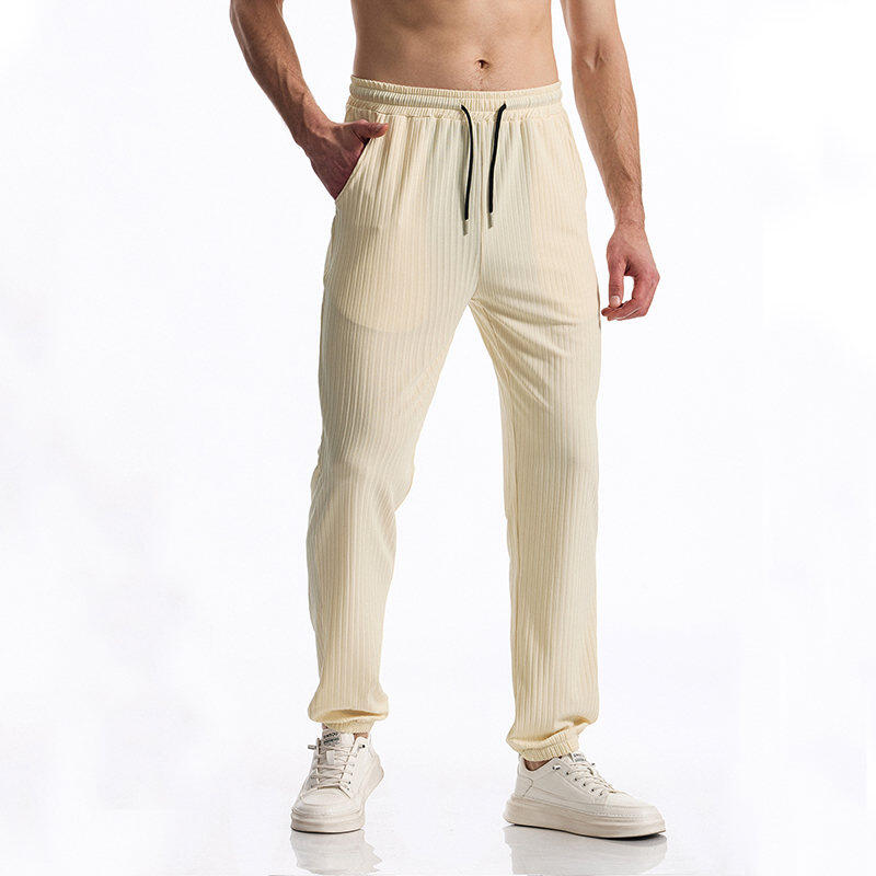 Men's Spring/Spring Ribbed Pants Elastic Waistband with Drawstring Straight Leg Comfortable and Versatile for Everyday Wear