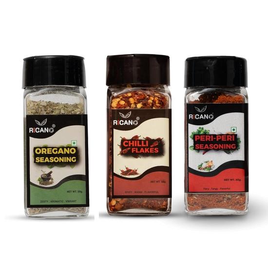 Ricano Oregano 20g, Chilli Flakes 35g & Peri Peri 50g Combo (Pack of 3) | Seasoning Mix | Natural Ingredients | Hot & Spicy Chilli Flakes