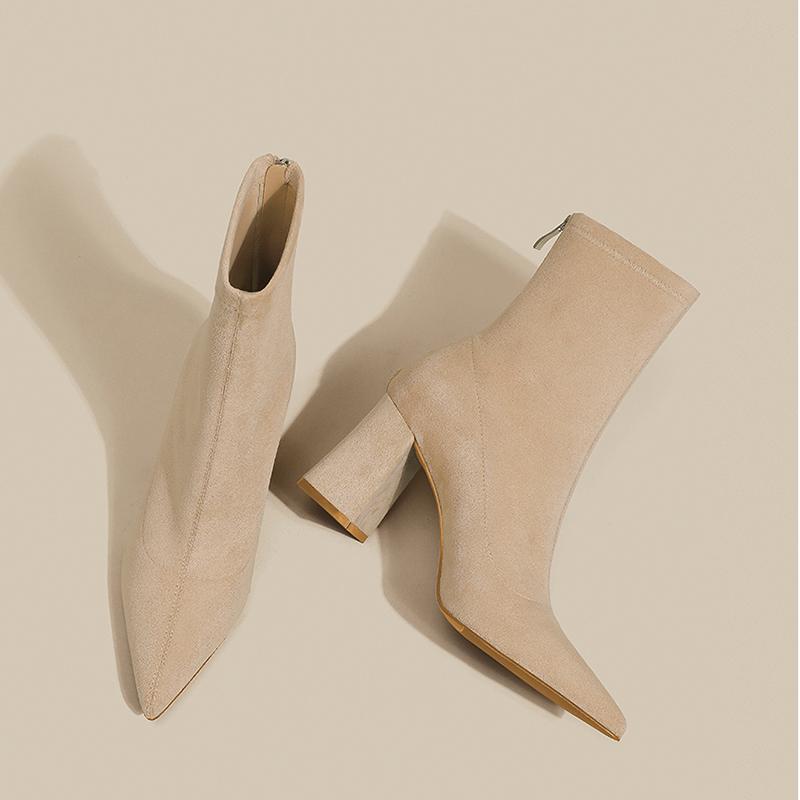 Autumn Pointed Toe Thick Heel Women Stretch Ankle Boots Fashion Elastic Slimming Female Short Booties