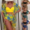 1 Set Badpak Bladprint Hoge Taille Mesh Jas Driehoek Slank Makende Bikini Badpak Dames Set