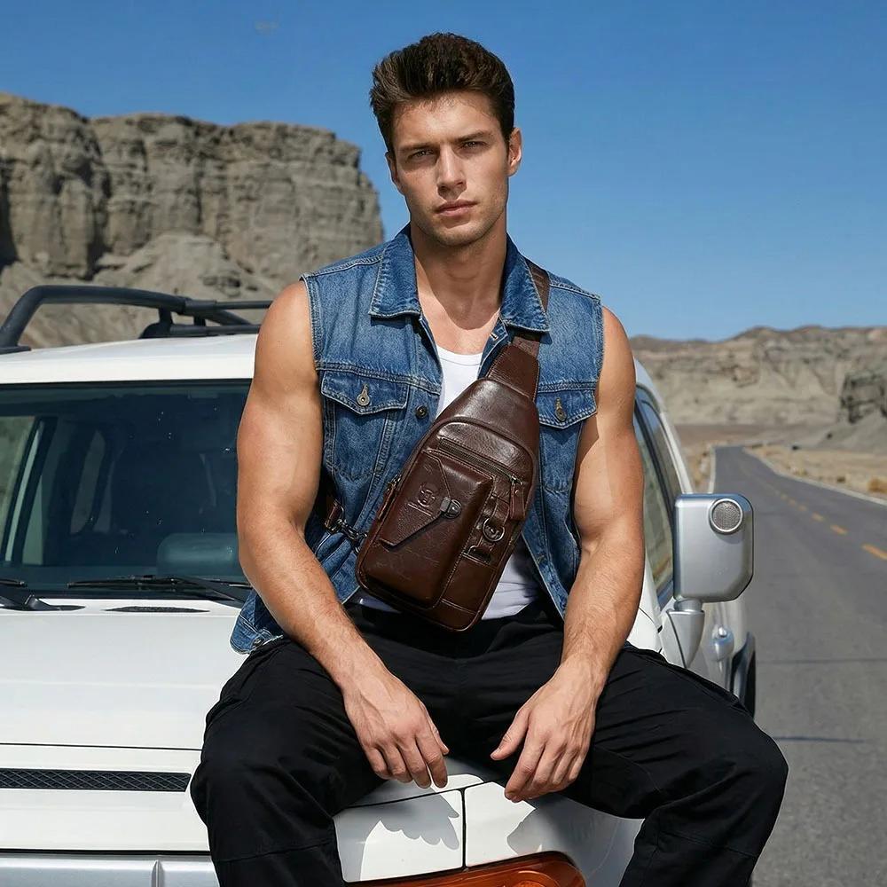 BULLCAPTAIN Men's Genuine Leather Chest Bag Vintage Crossbody Sling Backpack with Phone Holder for Travel Hiking Cycling