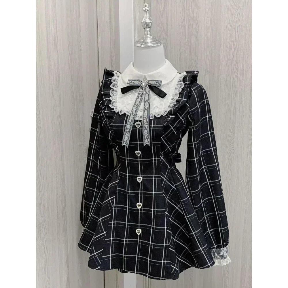 Japanese Fairy Sweet Lace Patchwork Plaid Dress Women Kawaii Grunge Ruffled Long Sleeve Dresses Y2k Aesthetic JK Lolita Vestidos
