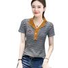 Pure Polo Shirt, Short-sleeved T-shirt, Women's Striped New Half-open Collar Contrasting Color Slim and Versatile Top