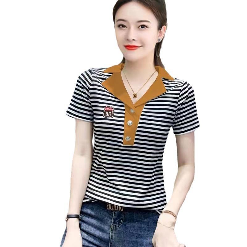 Pure Polo Shirt, Short-sleeved T-shirt, Women's Striped New Half-open Collar Contrasting Color Slim and Versatile Top