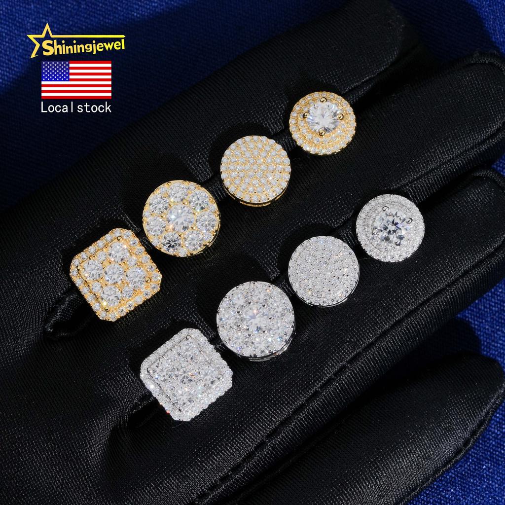 American Local Warehouse Moissanite 10mm 11mm Stud Earrings Real Gold Plated Cluster Ear Studs Hip Hop 925 Silver