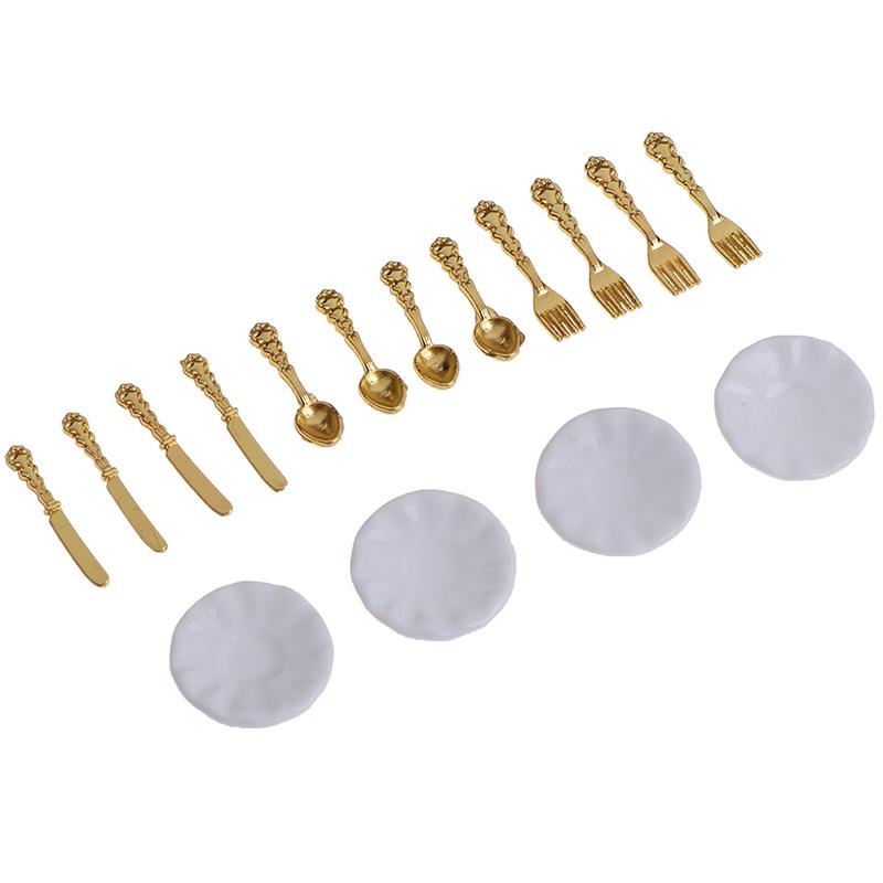 12Pcs/Set Vintage Dollhouse Miniatures Tableware Ceramic Plate Knife Fork Spoon