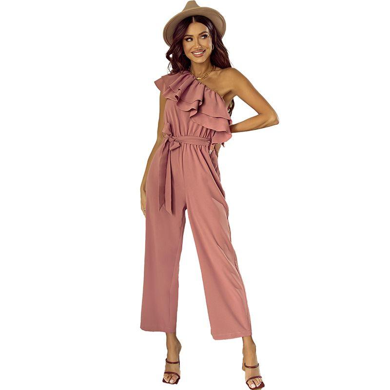 

Fashion Temperament Commute Ruffles off-the-Shoulder Jumpsuit for Women 2024 Summer New Arrival Loose Easiest for Match Cropped Pants for Women Pink Size XL fit (70.00 kg-75.00 kg