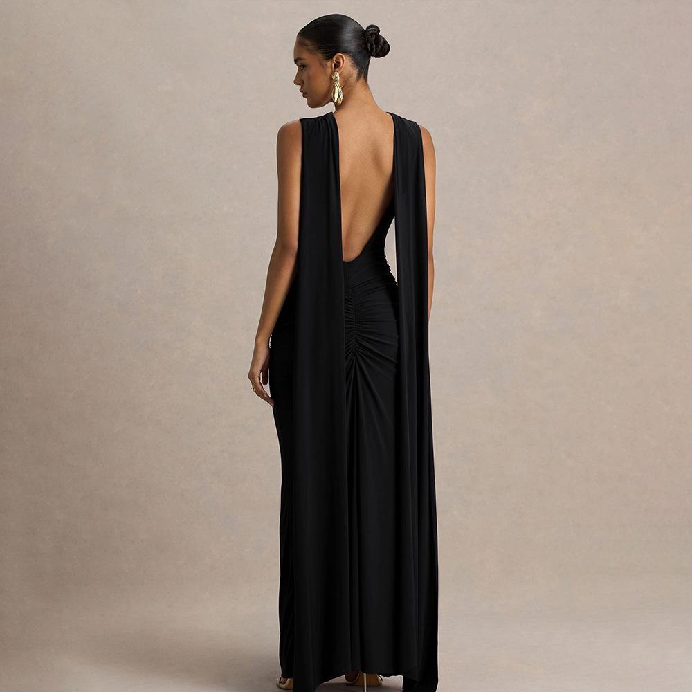 Spring Elegant European and American Women's Evening Gown - Sexy Backless Long Skirt with Flowing Ribbon