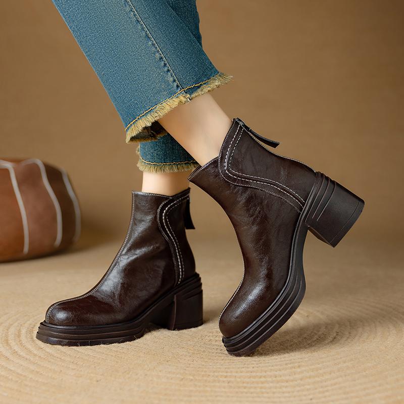 Fashion 2024 New Winter Women Boots Round Toe Chunky Heel Split Leather Shoes for Women Zip Ankle Boots Warm Snow Boots Platform Shoes