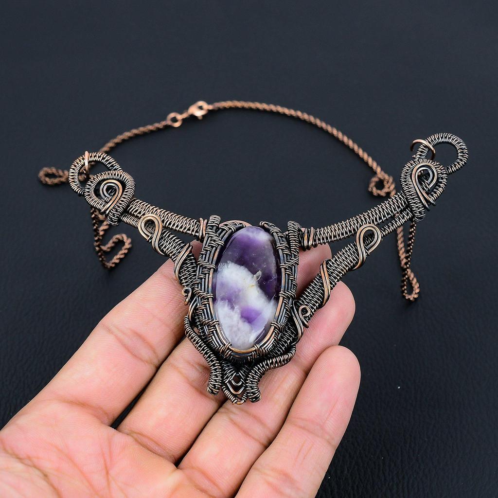 Sage Amethyst Gemstone Pure Copper Wire Wrapped Handmade Necklace Jewelry