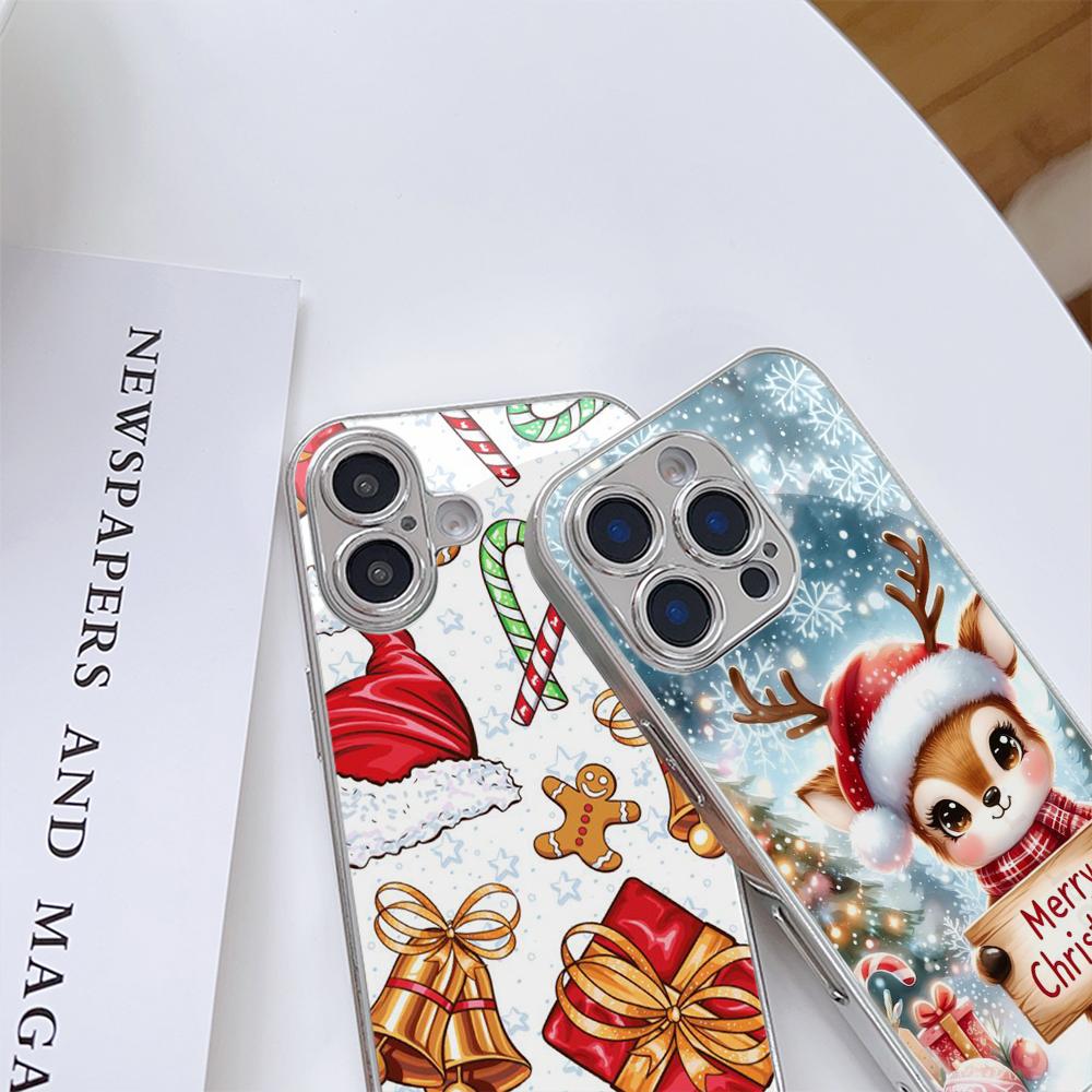 Ae106 Happy New Year Art Merry Christmas Electroplated Glass Phone Cases for Samsung S25 Ultra iPhone 16 Xiaomi Redmi Lens Full Protection Back Cover