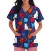 Women's V-neck Printed Short-sleeved Work Clothes With Side-slit Pockets And Uniforms