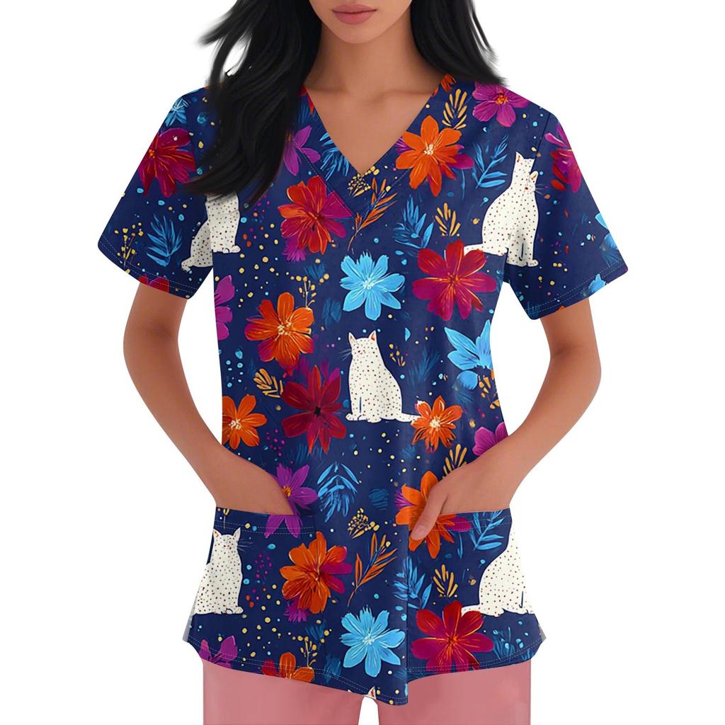 Women's V-neck Printed Short-sleeved Work Clothes With Side-slit Pockets And Uniforms