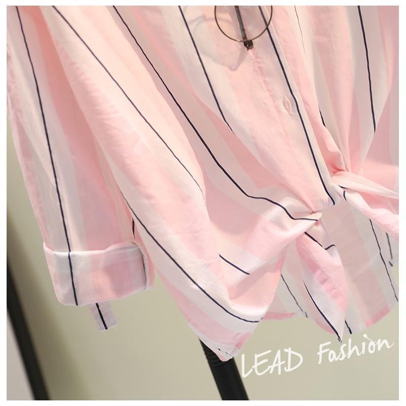 Loose Striped Cotton Button-Up Shirt for Women with Long Sleeves for Summer