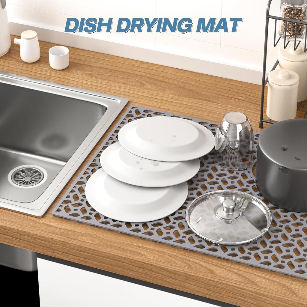 JUSTOGO Sink Protector for Kitchen, 29.5" X 15.6" Silicone Mat Grid for Stainless Steel Sink with Rear Drain, Heat Resistant Drying Mat